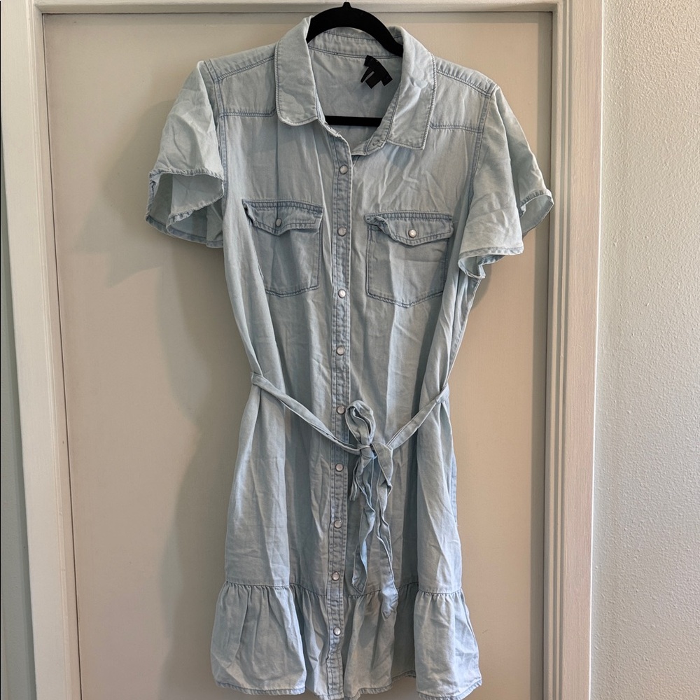 PAIGE Light Blue Denim Mini Shirt Dress with Tie Waist